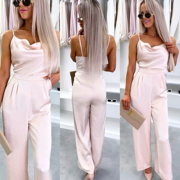 Beige Fitted Satin Jumpsuit