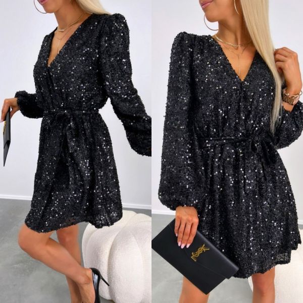 Black Soft Wrap Dress With Sequins