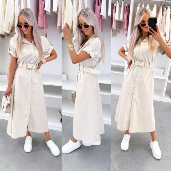 Beżowy Sukienka Z Paskiem