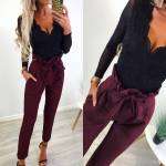 Raudona Klasikinio Stiliaus Kelnės Aukštu Liemeniu Su Kišenėmis