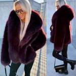 Taupe Luksusowy Płaszcz Ze Sztucznego Futra Z Kapturem