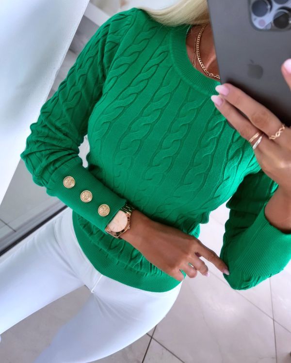 Green Sweater With Golden Buttons