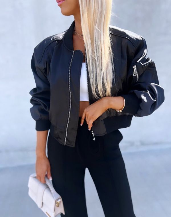 Black Oversized Satin Bomber Jacket