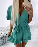 Valge Keskelt Paelaga Lühike Jumpsuit