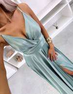 Turquoise Ilga Suknelė Su Skeltuku