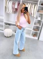 Šviesiai Mėlynas Tamprūs Ir švelnūs Tiesaus Kirpimo Džinsai