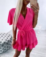 Valge Keskelt Paelaga Lühike Jumpsuit