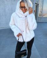 Taupe Luksusowy Płaszcz Ze Sztucznego Futra Z Kapturem