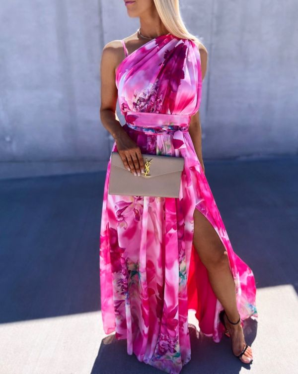 Fuchsia Double-layer Floral Maxi Dress