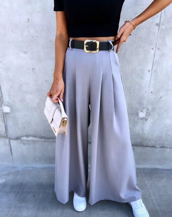 Grey Belted Wide Pants