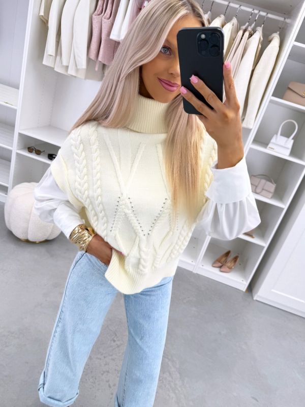 Jasny Beż Biała Dzianinowa Kamizelka Z Podszewką