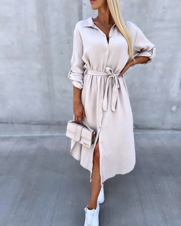 Beige Tie Waist Buttoned Cotton Dress