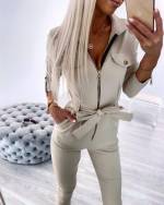 Beež Kuldsete Detailidega Stretch Jumpsuit