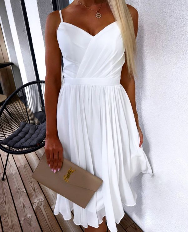 White Chiffon Dress With Shoulder Straps