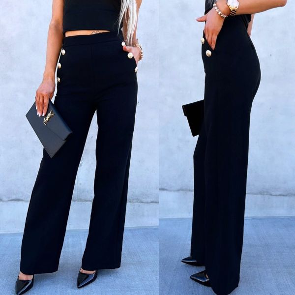 Black Straight-cut Pants With Gold Buttons