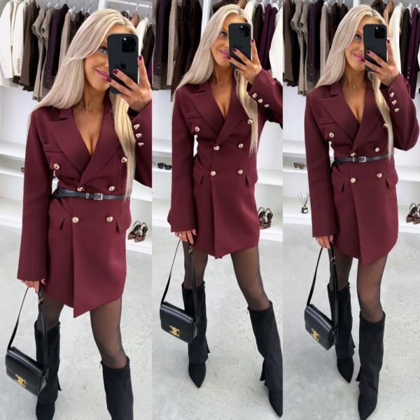 Dark Red Belted Blazer Dress