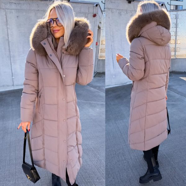 Taupe Ciepła Parka Zimowa Z Kapturem