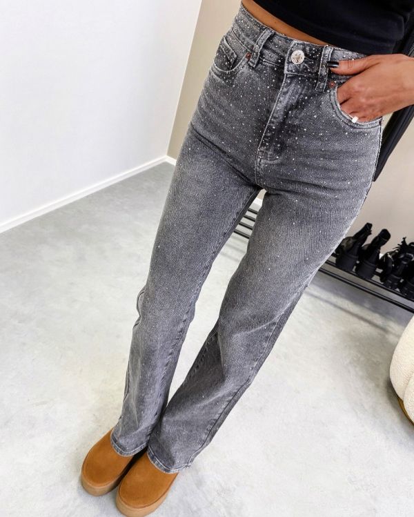 Grey Straight-cut Stretch Jeans With Rhinestones