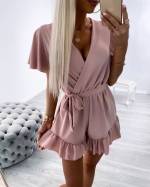 Valge Keskelt Paelaga Lühike Jumpsuit