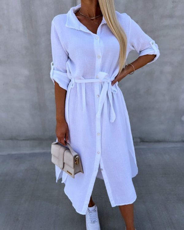 White Tie Waist Buttoned Cotton Dress