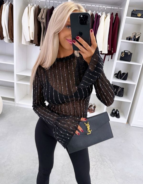 Melns Elastīgs Tops Ar Mirdzošām Akmentiņu Detaļām